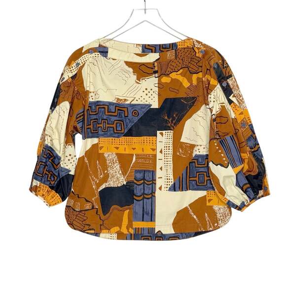 Buru Tops - Buru Boat Neck Long Sleeve Geometric Top M Brown Beige Abstract Button Detail